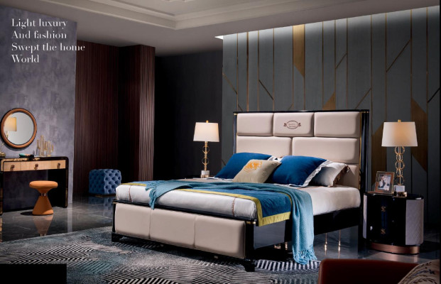 Bedroom Bed Bedside tables 3 pcs. Set Design Luxury Beds Leather Double bed