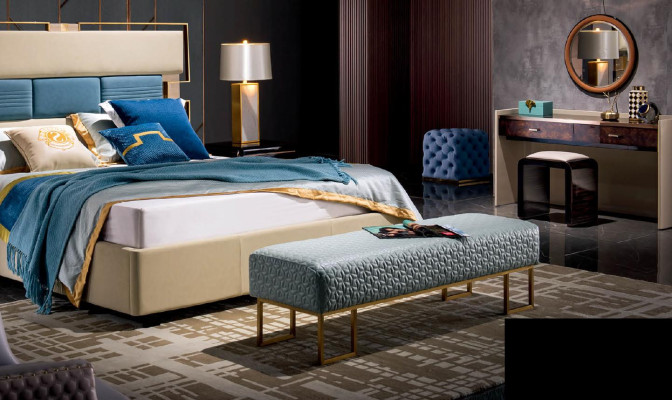 Bed Bedroom Bedside table Complete's Set Suite 3pcs. Wood Leather