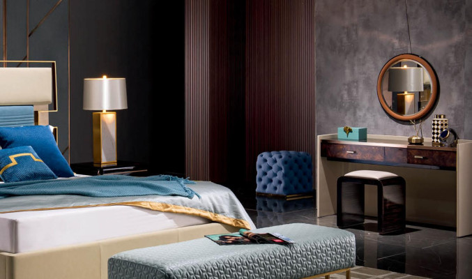 Bed Bedroom Bedside table Complete's Set Suite 3pcs. Wood Leather