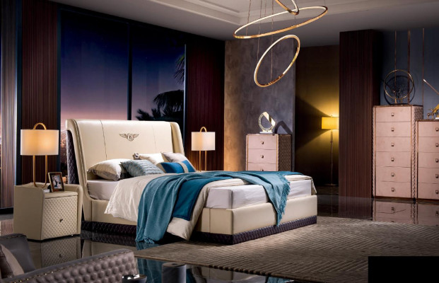Design Bedroom leather bed 3 pieces. Set 2x Bedside table Beds Luxury Furniture
