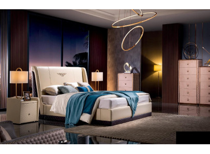 Design Bedroom leather bed 3 pieces. Set 2x Bedside table Beds Luxury Furniture