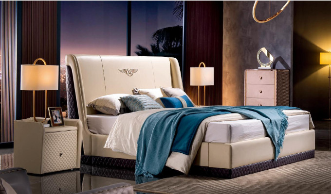 Design Bedroom leather bed 3 pieces. Set 2x Bedside table Beds Luxury Furniture