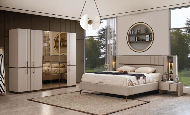 Modern Beige Double bed 2x Bedside tables Wardrobe Wood Furniture