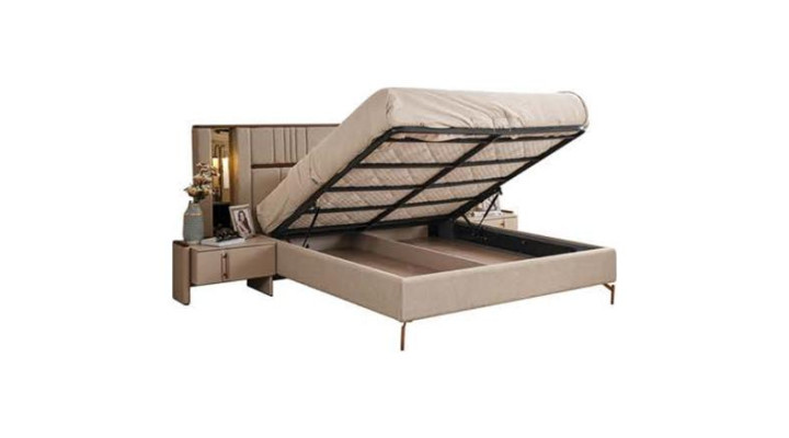 Modern Beige Double bed 2x Bedside tables Wardrobe Wood Furniture