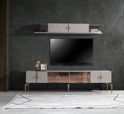 Modern Living room ambiente White TV cabinet -Lowboard stainless steel Shelf 2-piece set