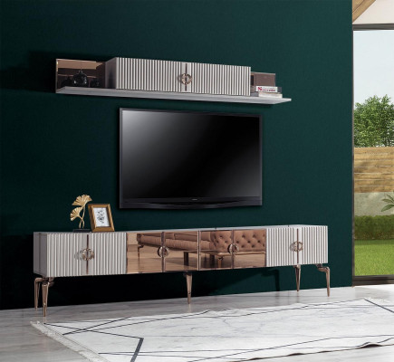 Modern Living room ambiente White TV cabinet -Lowboard stainless steel Shelf 2-piece set