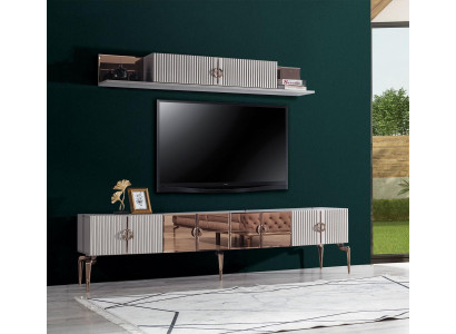 Modern Living room ambiente White TV cabinet -Lowboard stainless steel Shelf 2-piece set