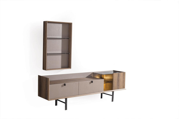 Beige Modern TV Cabinet Lowboard Wall Cabinet Stylish LED TV Board 2 Pieces