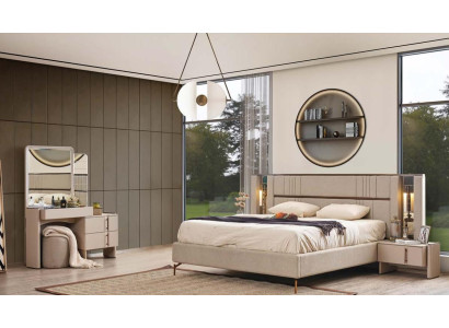 Modern Bedroom Furniture Beige Double bed 2x Bedside tables Dressing table