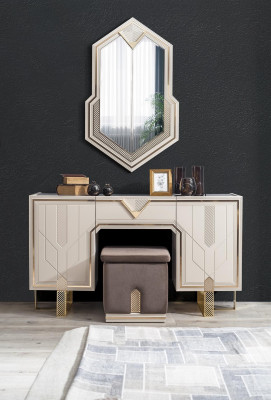 White -Golden Bedroom Set Designer Vanity Table Mirror Wood Furniture