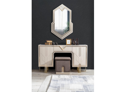 White -Golden Bedroom Set Designer Vanity Table Mirror Wood Furniture