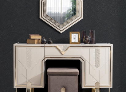 White -Golden Bedroom Set Designer Vanity Table Mirror Wood Furniture