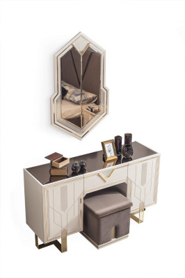 White -Golden Bedroom Set Designer Vanity Table Mirror Wood Furniture