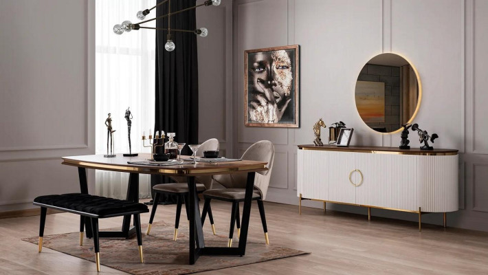 Dining room set consists of dining table 4x chairs stool sideboard mirror 8 pieces.