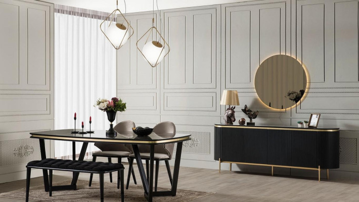 Modern 8-piece Dining room Set Dining table 4x Chairs Sideboard Mirror Stool new
