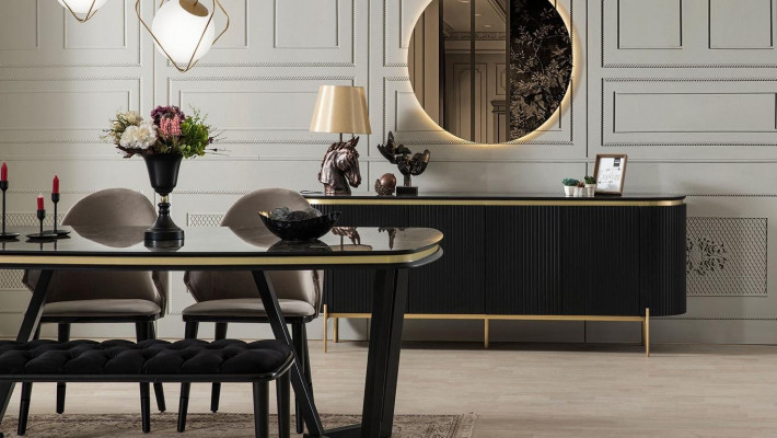 Modern 8-piece Dining room Set Dining table 4x Chairs Sideboard Mirror Stool new