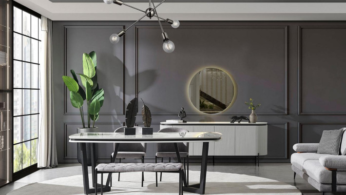 Modern Dining room Set Consists of Dining table 4x Chairs and Sideboard Mirror