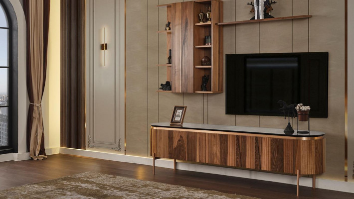 Perfect living room set consists of brown TV lowboard and wall cabinet
