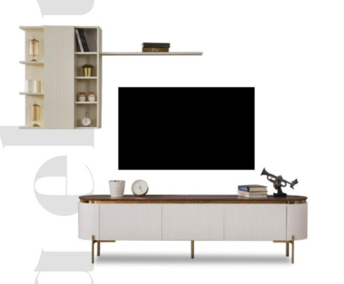 Living room set consists of TV lowboard and wall cabinet with gold elements