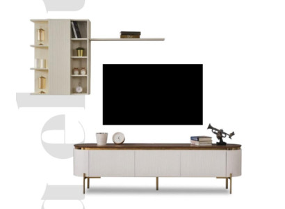 Living room set consists of TV lowboard and wall cabinet with gold elements