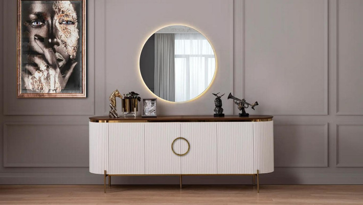 Dining room set consists of sideboard and mirror beige with gold elements