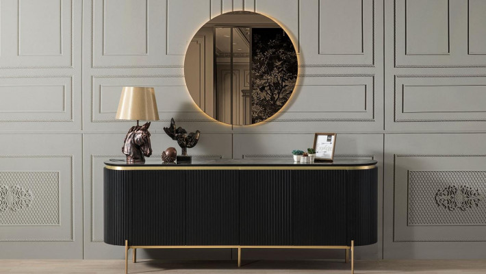 Dining room set modern consists of black sideboard and mirror 2 pieces.