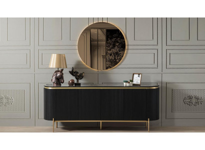 Dining room set modern consists of black sideboard and mirror 2 pieces.