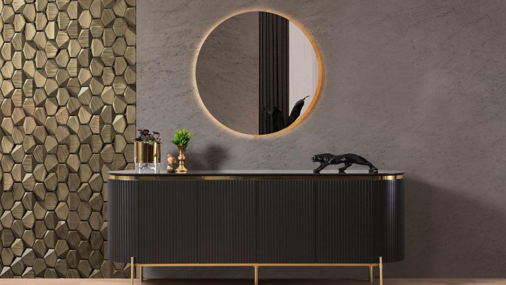 Dining room set modern consists of black sideboard and mirror 2 pieces.