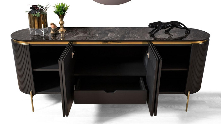 Dining room set modern consists of black sideboard and mirror 2 pieces.