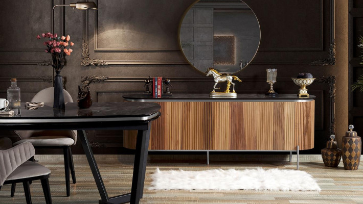 Luxurious Dining room Set Modern Consists of Black Sideboard and Mirror