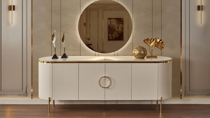 Consists of Dining room Set Consists of Beige Color Sideboard and Mirror