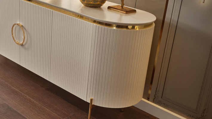 Consists of Dining room Set Consists of Beige Color Sideboard and Mirror