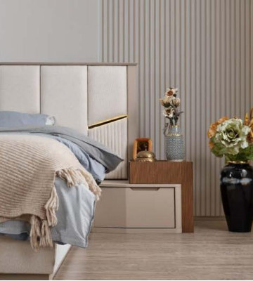Large Beige Bedroom Suite Double bed 2x Bedside tables Wardrobe