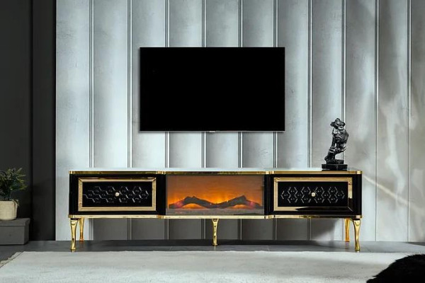 TV sideboard Chest of drawers Black imitation fireplace Stylish living room furniture