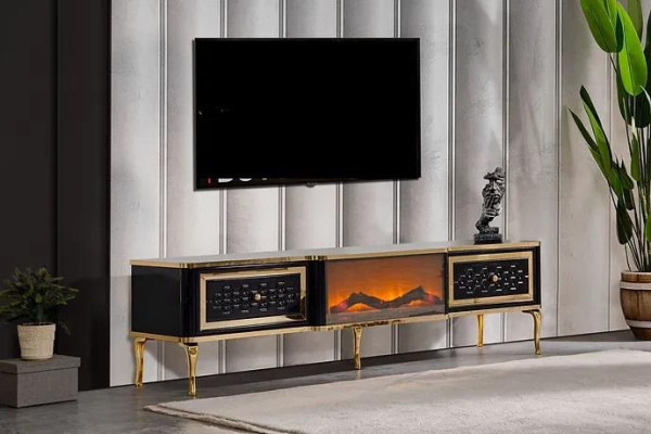 TV sideboard Chest of drawers Black imitation fireplace Stylish living room furniture