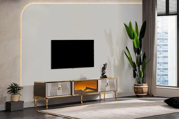 White TV Sideboard golden MDF chipboard + Metal Living room TV Furniture