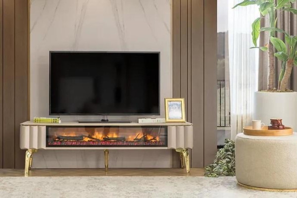 Sideboard TV-cabinet Living room luxury furniture fireplace beige MDF metal lowboard