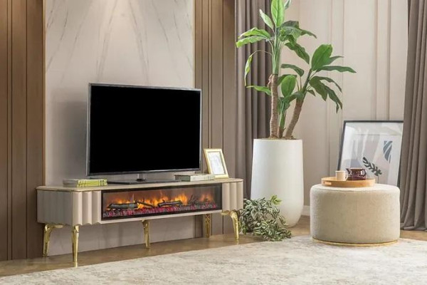 Sideboard TV-cabinet Living room luxury furniture fireplace beige MDF metal lowboard