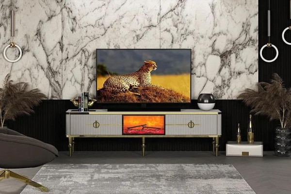 Living room TV Lowboard high-quality materials MDF Metal White + gold