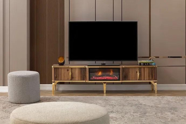 Luxurious fireplace mantel TV table living room lowboard wood brown sideboard