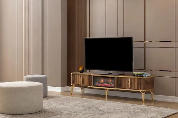 Luxurious fireplace mantel TV table living room lowboard wood brown sideboard
