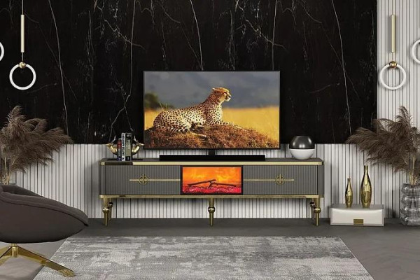 Living room TV Lowboard Gray Fireplace TV-cabinet Sideboard Metal + MDF Exclusive
