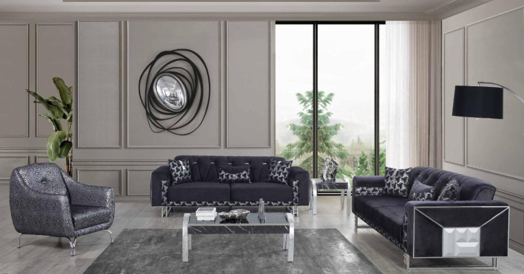 Black and gray living room seating set, designer sofas, side table, 5 pieces