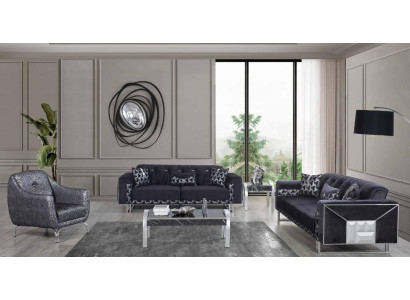 Black and gray living room seating set, designer sofas, side table, 5 pieces