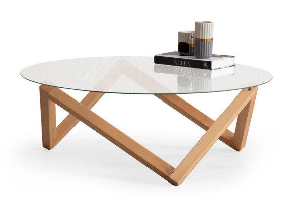 Coffee table in modern style Round glass table top Living room wooden legs