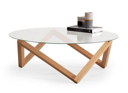 Coffee table in modern style Round glass table top Living room wooden legs
