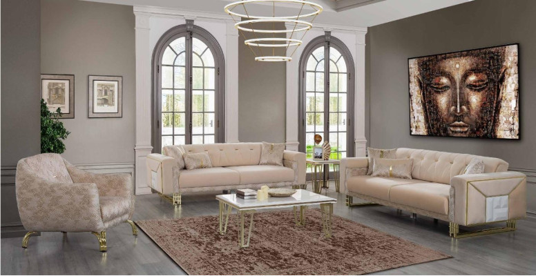 Complete e Beige Seating Set Living room Sofas Luxury Armchair Coffee table