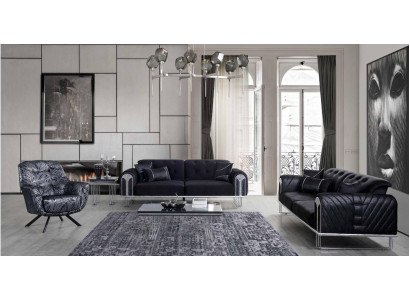 Black Living room Sofa set 2x Three Seater Designer Upholstery Armchair