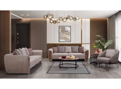 Beige Living room Upholstery Sofa set Three Seater Armchair Textile Furniture