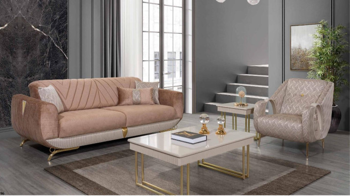 Beige Living room Suite Luxury 3-Seater Upholstered Armchair Side table
